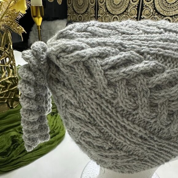 Handmade Gray Chunky Knit Hat with Braided Cable Pattern - Picture 3 of 6